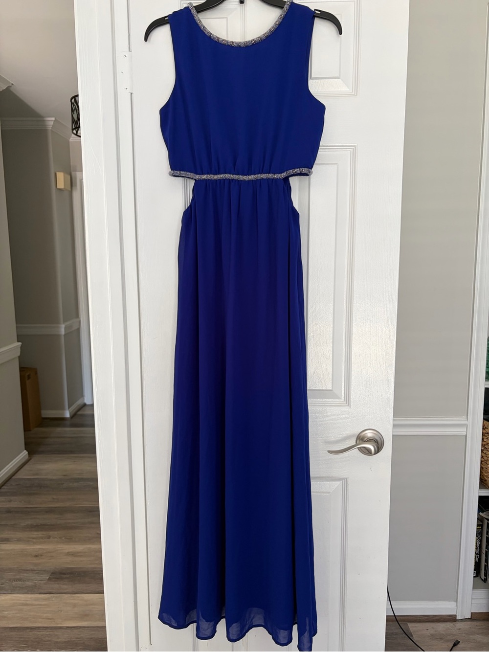 Elegant Royal Blue Maxi Dress with Beaded Trim
